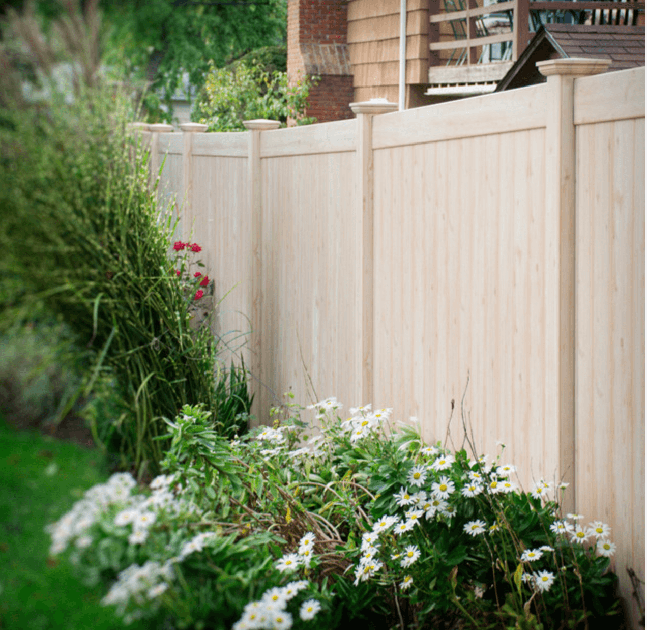 Off-white vinyl residential fencing panels in a garden with white flowers.